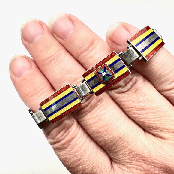 Antique Vintage Enamel Crest Sterling Silver Bracelet 6.5 Inch Unique Rare - Picture 3 of 6